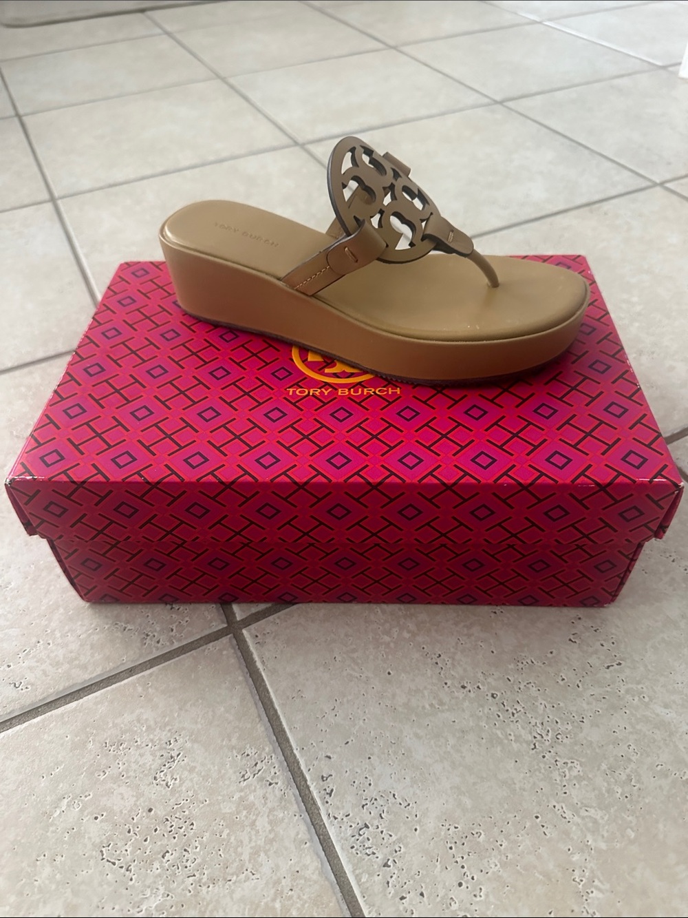 Tory Burch Miller Wedge Thong Sandals with Logo Medallion